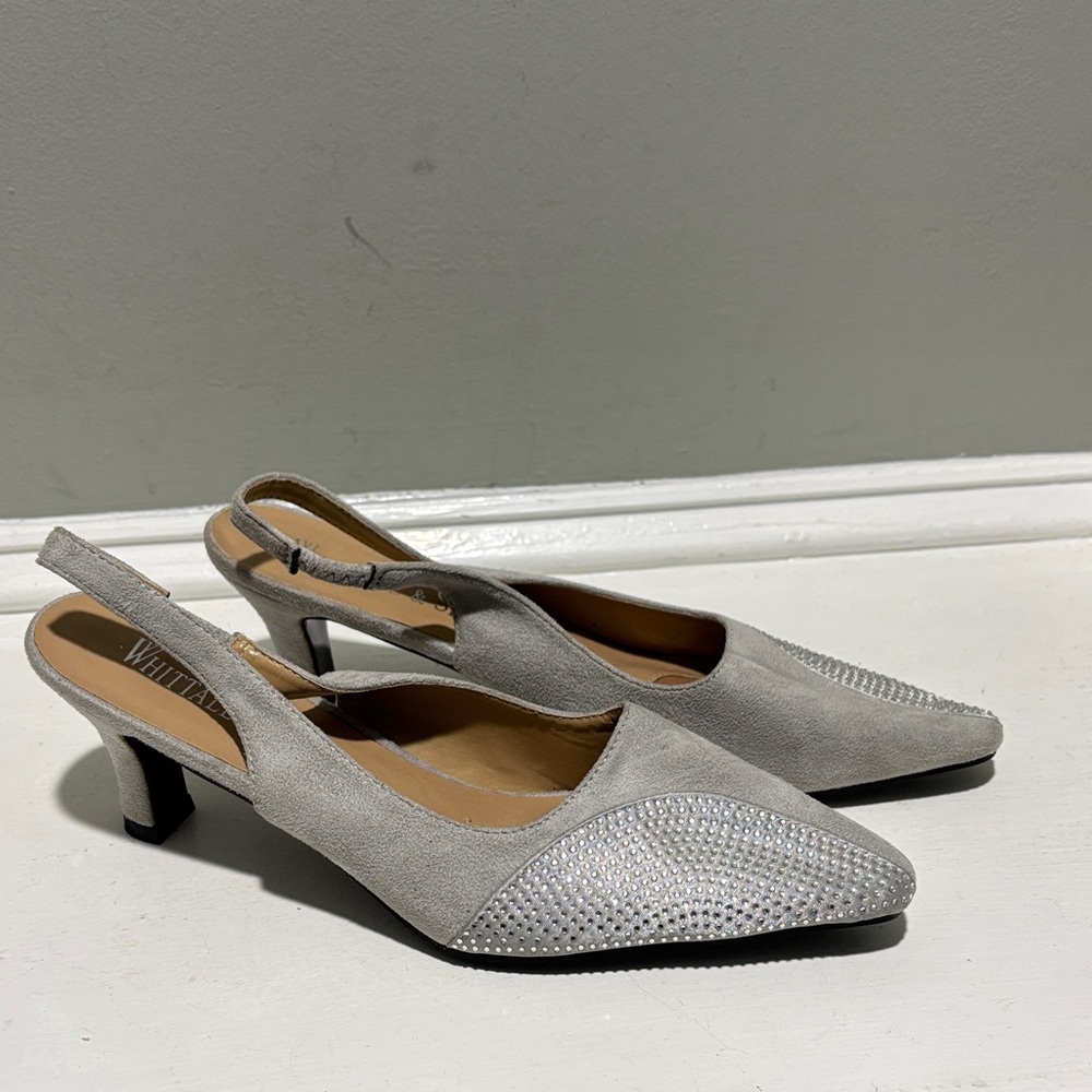 NWOT Whittall & Shon Gray Suede Slingback Heels w/ Rhinestone Toe-size 12